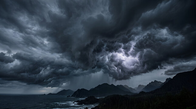 Dramatic storm clouds with lightning flash over dark mountain range and ocean coastline