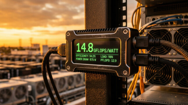 Data center power meter efficiency monitor screen gpu cooling system sunset industrial rack equipment