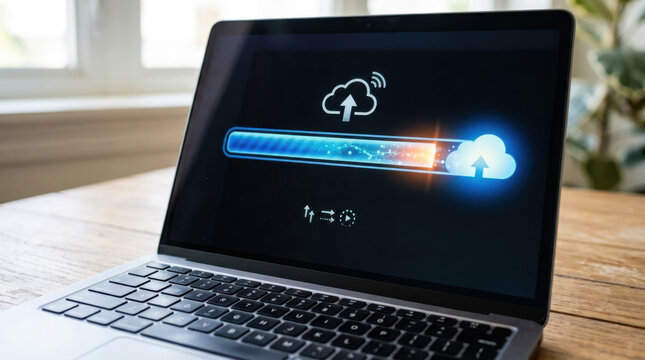 Cloud data transfer laptop screen upload progress digital cloud data backup online storage network connection technology interface