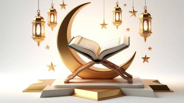 Golden crescent moon and stars surround open Quran on rehal stand. Illuminated lanterns float above. Concept for Ramadan holiday and Islamic faith celebration.