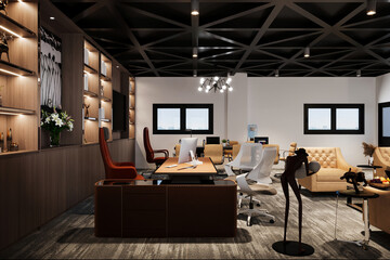 Fototapeta premium Simple Elegant Black Modern boss room and Office decorated with well-furnished furniture