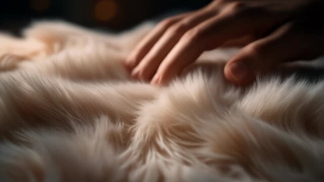 Close up of human hands gently touching soft fluffy fur texture.