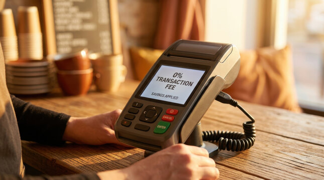 0 transaction fee payment terminal on wooden counter in cafe, close up with warm light and savings message