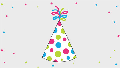 Obraz premium Polka dot party hat decorated with colorful curls and floating confetti over a neutral light gray background.
