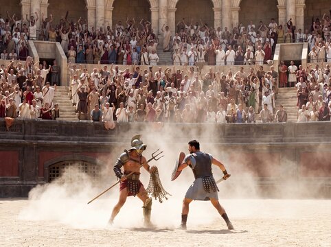 Gladiators clash in the dust of the Roman Colosseum, cheered by a roaring crowd.
