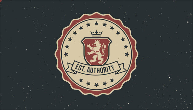 Vintage distressed circular badge design featuring a heraldic lion crest crown and stars with Est. Authority text.
