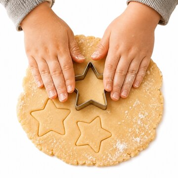 Child hands using a star shaped cookie cutter on raw dough