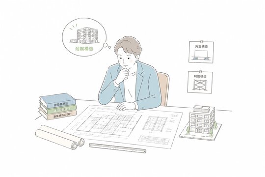 建築家が耐震・免震・制震構造について設計図を見て考えるイラスト