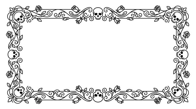 Decorative ornamental rectangular frame featuring skulls and floral vine illustration, ornamental