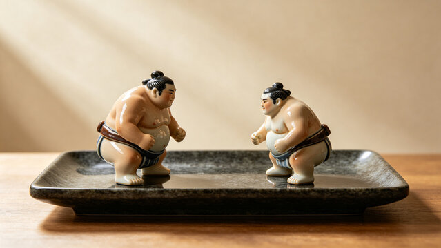 Two ceramic sumo wrestler figurines on dark stone tray, balance and friendly rivalry concept