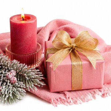 Pink Christmas gift box with candle and snowy pine branch on a soft fabric