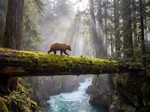 Grizzly bear walks across a moss-covered fallen redwood log spanning a turquoise river in a misty, sun-dappled forest.