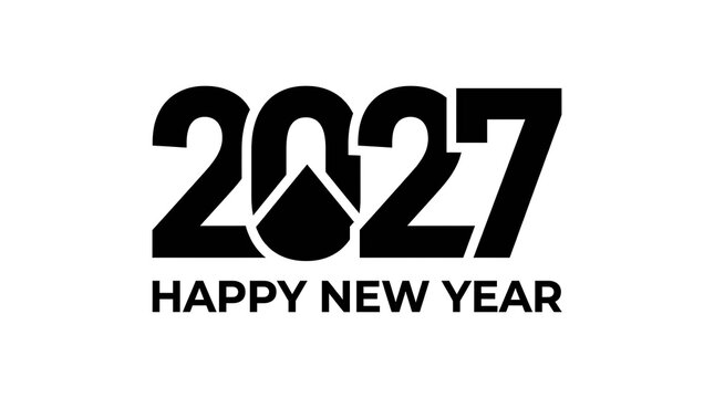 Happy new year 2027 greeting card design with stylized typography, bold black numbers with a mountain peak icon inside the zero, isolated on white background
