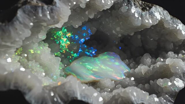 Close-up of a geode with sparkling crystal formations and a polished opal gemstone center
