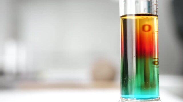 Close-up of separated colorful liquid layers in a graduated glass cylinder during chemical experiment and laboratory analysis with copy space.
