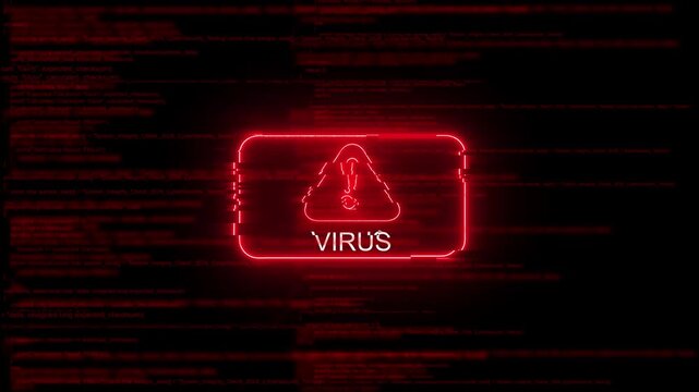 Cyber security virus alert warning neon sign over red digital code background, malware