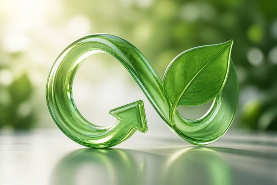 Green infinity recycling symbol with leaf on blurred background