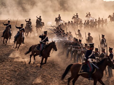 Historical reenactment of a cavalry charge flanking enemy infantry during a dusty battle.