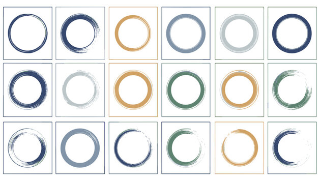 grid of painted brushstroke ink circles in japanese zen enso style displaying beautiful watercolor colors.
