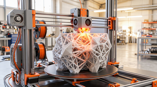 Industrial orange three dimensional printer fabricating complex white geometric structural models atop heated metal plate inside modern manufacturing engineering factory workshop