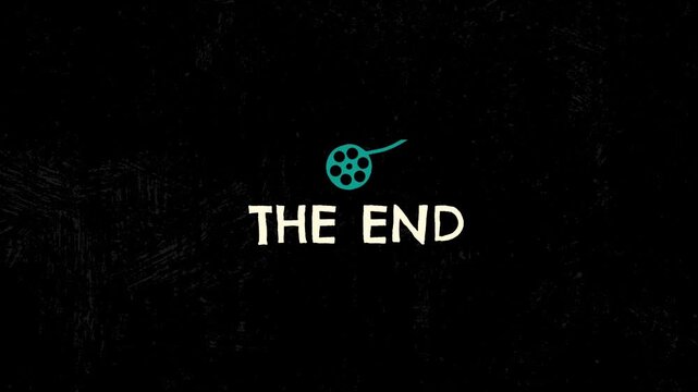 Animated film ending scene with 'The End' text and film reel icon