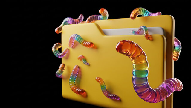 Computer worm malware folder on dark background, malicious software, replicates