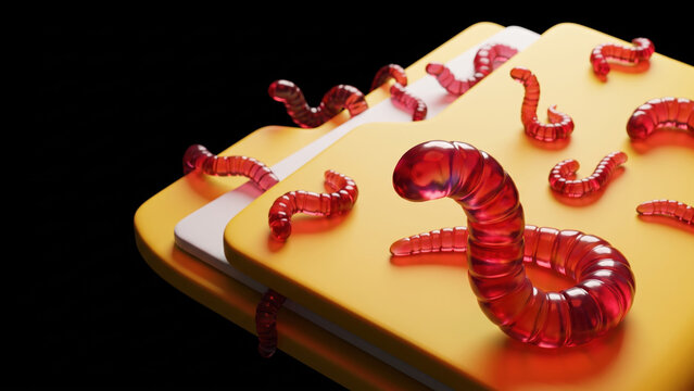 Computer worm malware infecting folder on dark background, cybersecurity