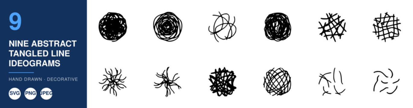 Nine Abstract Tangled Line Ideograms Hand Drawn Decorative Design Elements Featuring Lines, Black, White with Vector