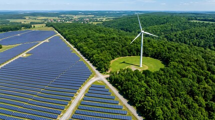 Aerial view of solar panels farm and wind turbine near forest in nature © ABU SAYED