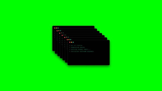 Digital Data Processing Animation with Cascading Windows on Green Screen.
