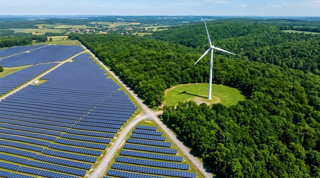 Aerial view of solar panels farm and wind turbine near forest in nature