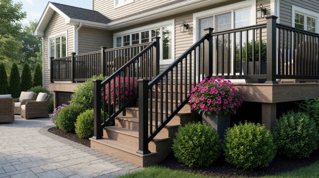 Modern house exterior shows composite deck with black railings. Stairs lead down to paved patio area with manicured shrubs and flowering plants.