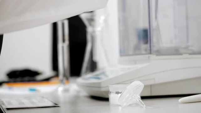 Lab technician closes a precision analytical balance after weighing and seals a container with a powder sample during routine laboratory work.