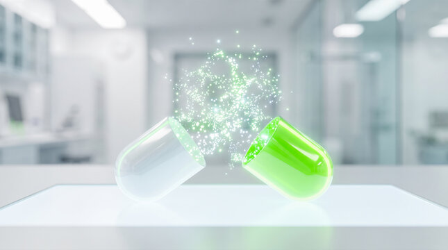 Opened transparent medical capsule releasing glowing green magical light particles resting upon illuminated glass laboratory table depicting advanced healthcare pharmacy innovation