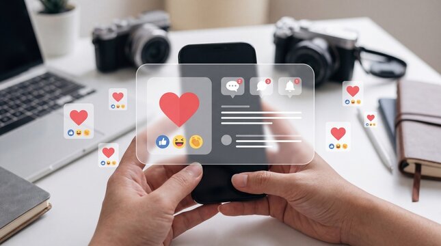 Hands holding smartphone with floating social media icons with interacting smartphone while digital interface elements