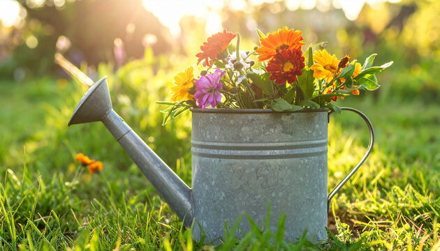 Weathered metal watering can among vibrant garden flowers and fresh green leaves, natural outdoor setting, warm sunlight, rustic botanical aesthetic.
