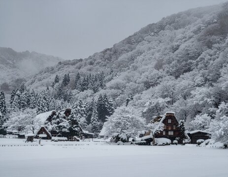 Serene winter snowscape in Japan featuring historic wooden farmhouses and snow-covered mountains
