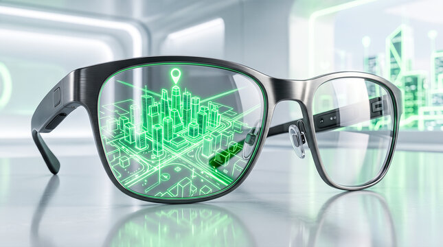Futuristic smart glasses displaying glowing green holographic city map navigation projection across transparent lenses sitting upon reflective white table inside bright room