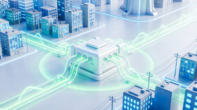 White square central network hub connecting bright glowing green fiber optic cables spanning across stylized miniature urban city street grid block layout