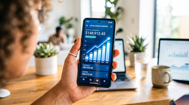 Person holding mobile smartphone displaying bright blue glowing financial dashboard interface showing rising bar chart graphs inside warm sunny modern living room