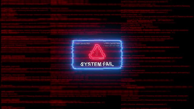 System fail error warning with glitch digital code background, cyber security threat alert animation