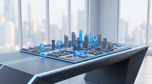 Glowing blue transparent architectural city model displaying miniature skyscrapers sitting on dark table inside modern office space overlooking blurred downtown skyline