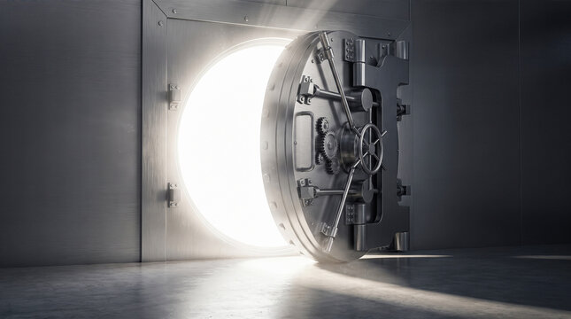 Massive heavy metal bank vault door standing wide open revealing intense bright white light glowing onto polished concrete floor inside dark underground storage facility