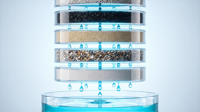 Multiple transparent glass layers containing natural stone charcoal sand filtering clean blue water droplets falling into smooth liquid pool during laboratory experiment