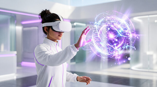 Female scientist wearing white virtual reality headset touching glowing digital hologram sphere inside bright futuristic laboratory environment experiencing advanced interactive computer simulation