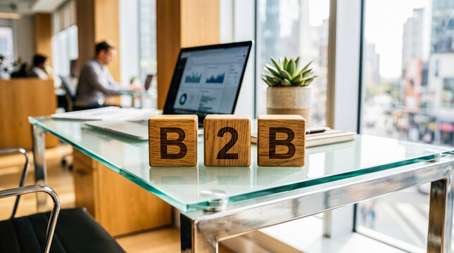Three wooden blocks spelling out B2B sitting on glass table inside modern office while male employee works diligently behind laptop monitor nearby
