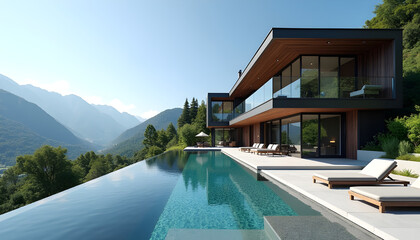Fototapeta premium Two-Story Modern Mountain House with Long Infinity Pool and Panoramic Views