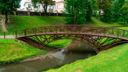 Fototapeta premium Bridge crosses a small stream in a park with green grass and trees during the day