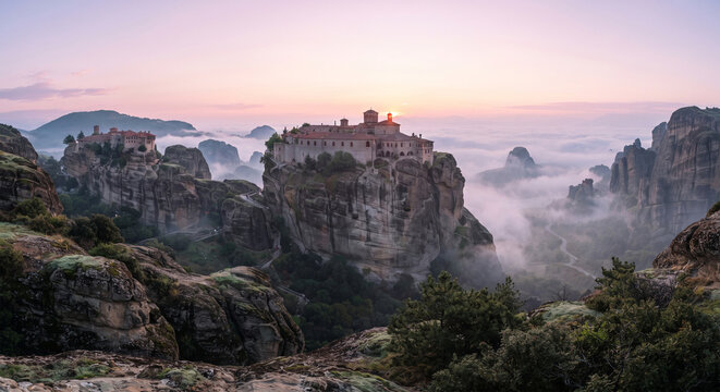 A majestic, wide-angle travel photograph of the historic Eastern Orthodox monasteries perched precariously atop colossal, sheer sandstone rock pillars in Meteora. 