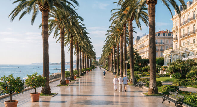 A picturesque travel photograph looking down the legendary Corso Imperatrice promenade in Sanremo, famously lined with majestic date palms gifted by Empress Maria Alexandrovna of Russia. 